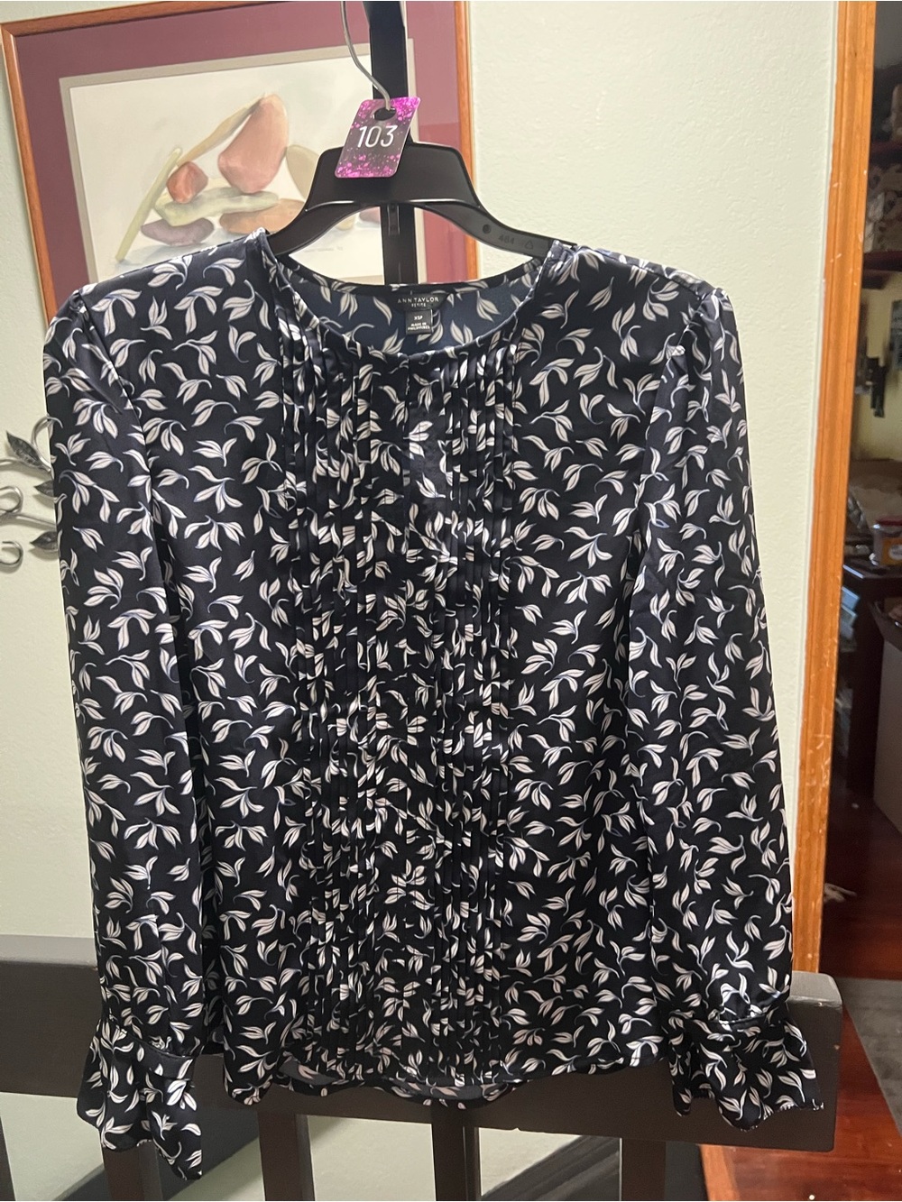 Ann Taylor Black Blouse with White Leaf Print #103